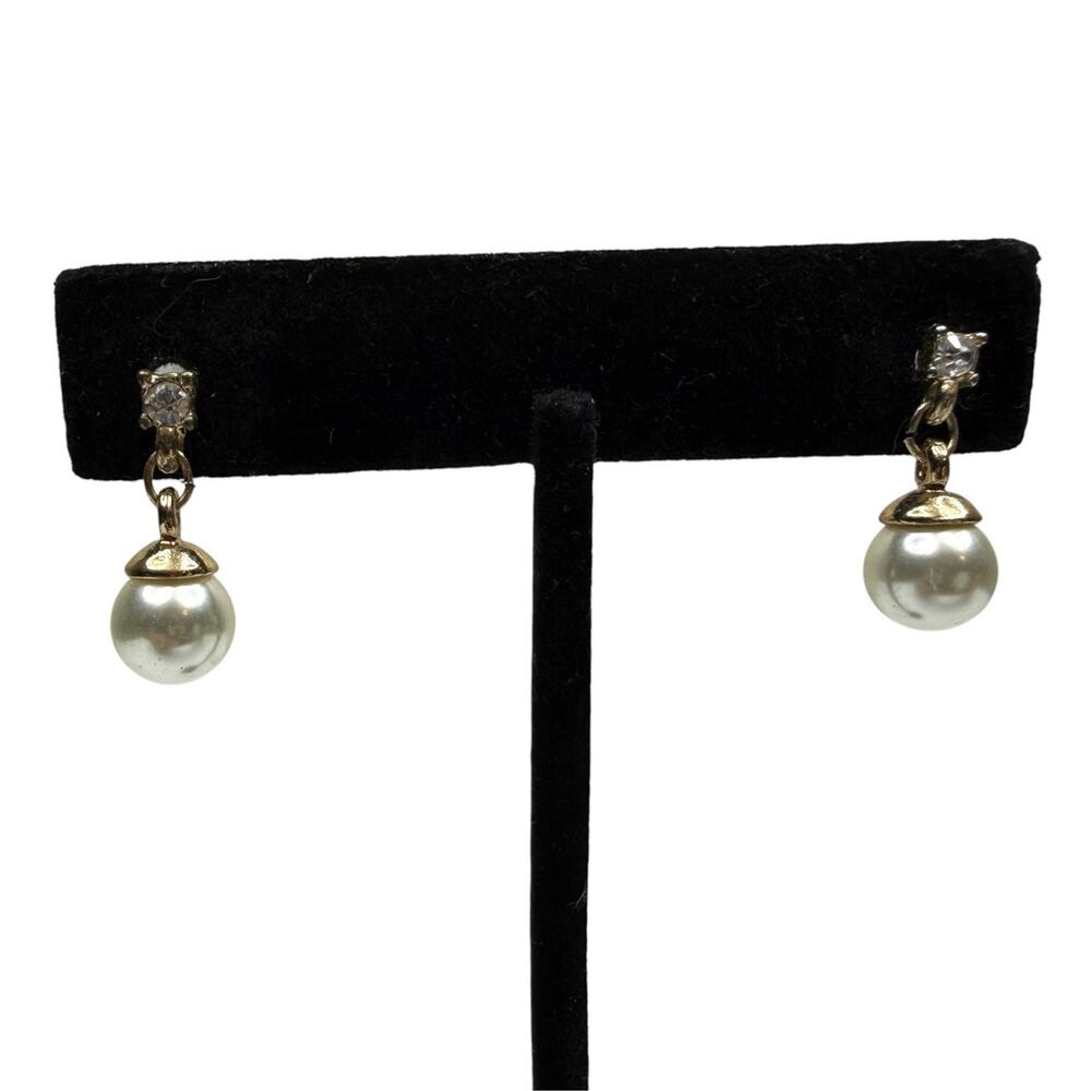 Elegant Gold Tone with Faux Pearl and Rhinestone Accent Dangle Drop Earrings 0.5